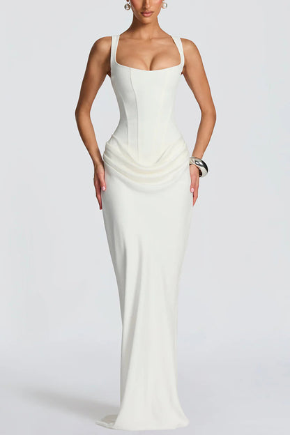 Cardydony Women's Larrah Square Neck Back Lace-up Satin Drape Hem Maxi Dress