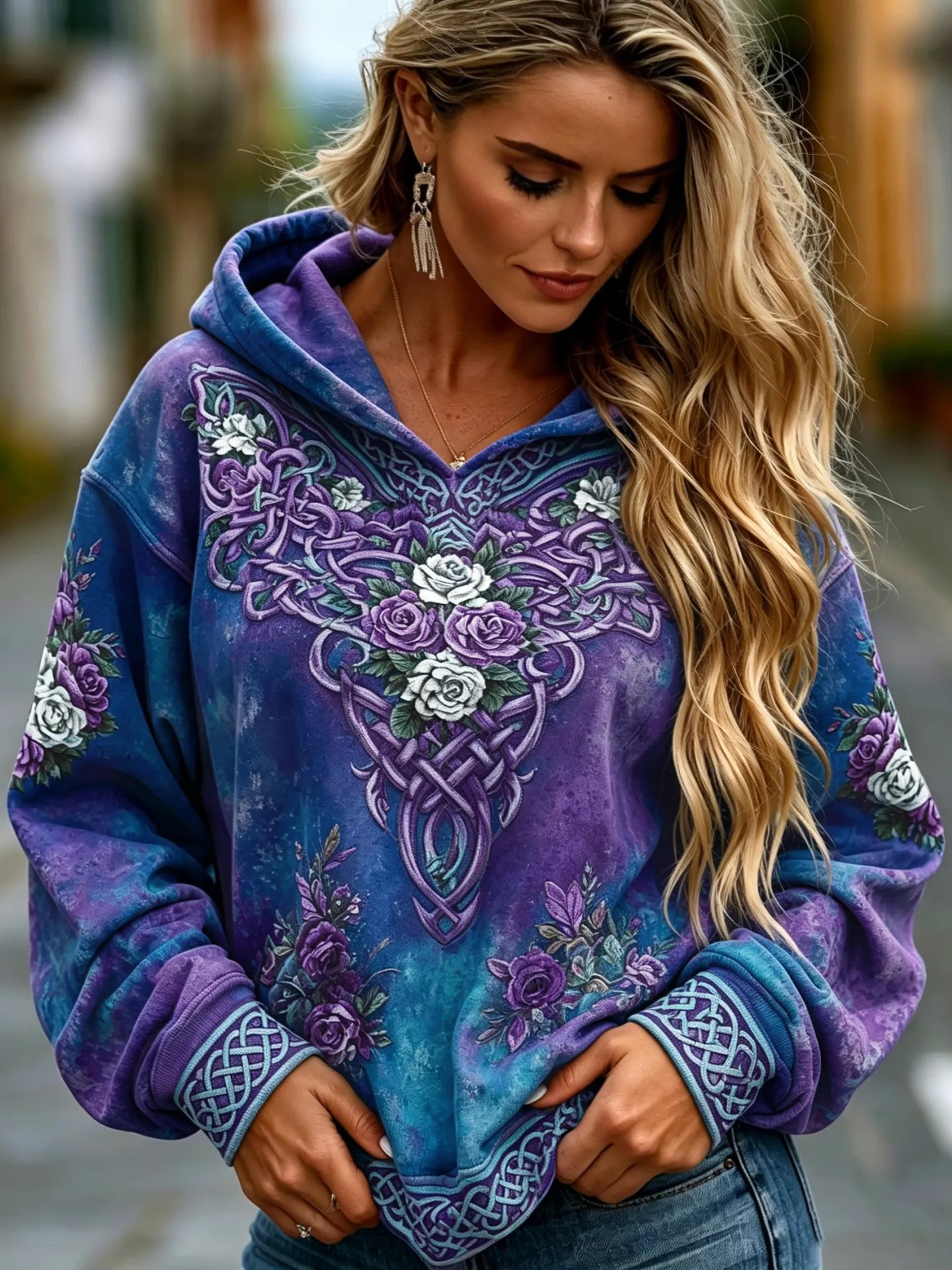 Cardydony Women's Vintage Viking Celtic Knot And Rose Print Comfortable Warm Hoodie