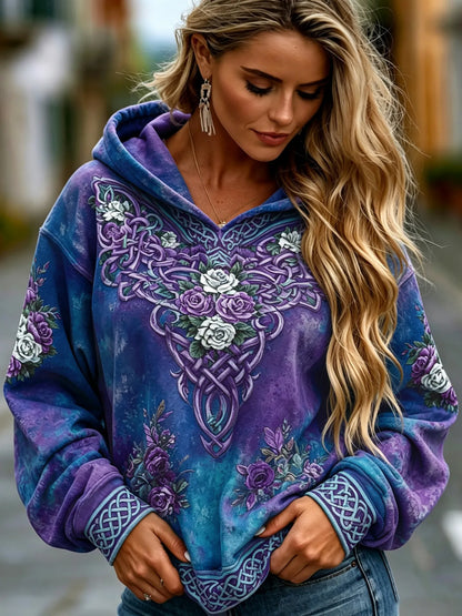 Cardydony Women's Vintage Viking Celtic Knot And Rose Print Comfortable Warm Hoodie