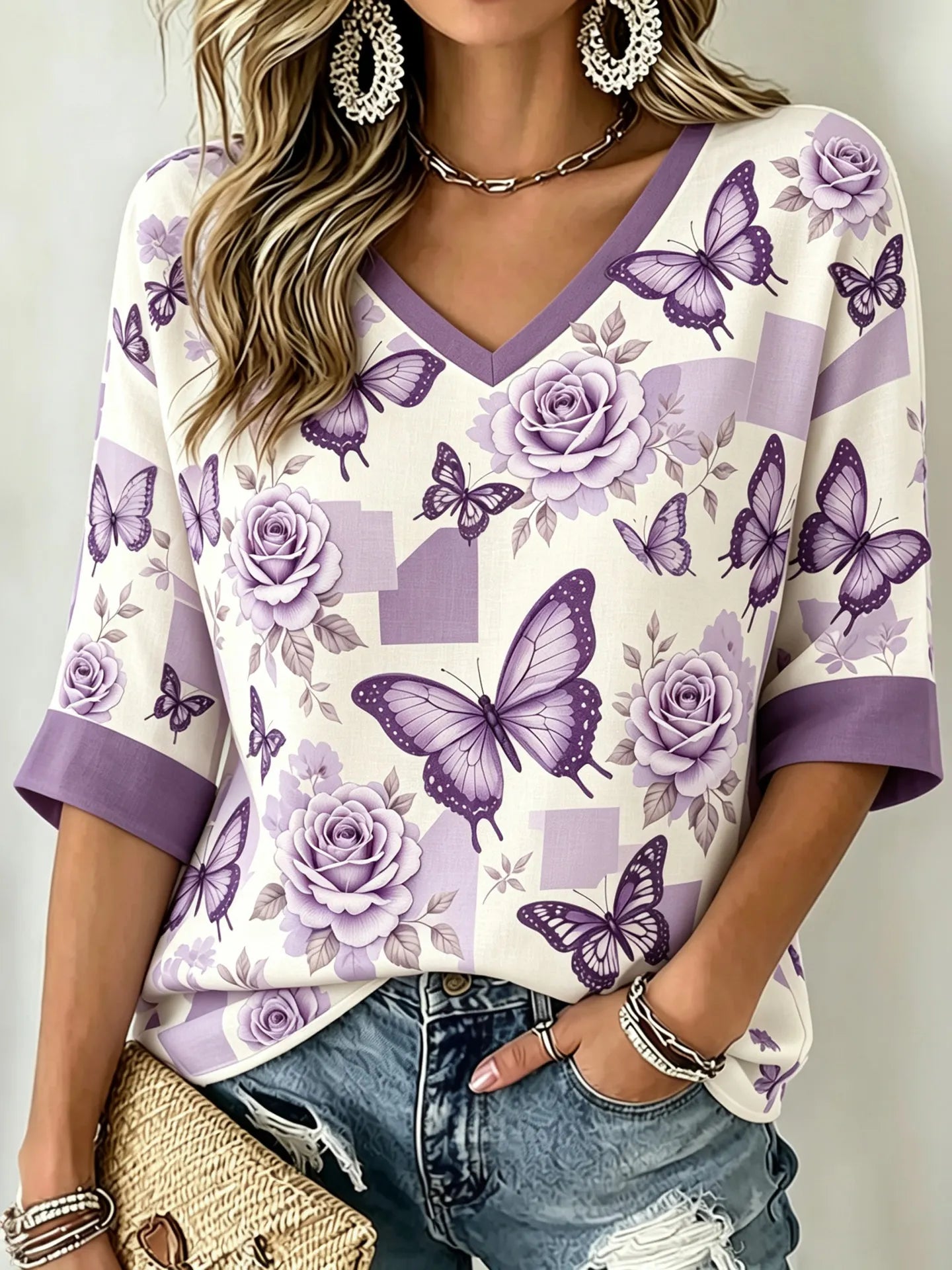 Cardydony Women's Retro Floral Butterfly Print Linen Blend Casual V-neck Three-quarter Sleeve T-shirt