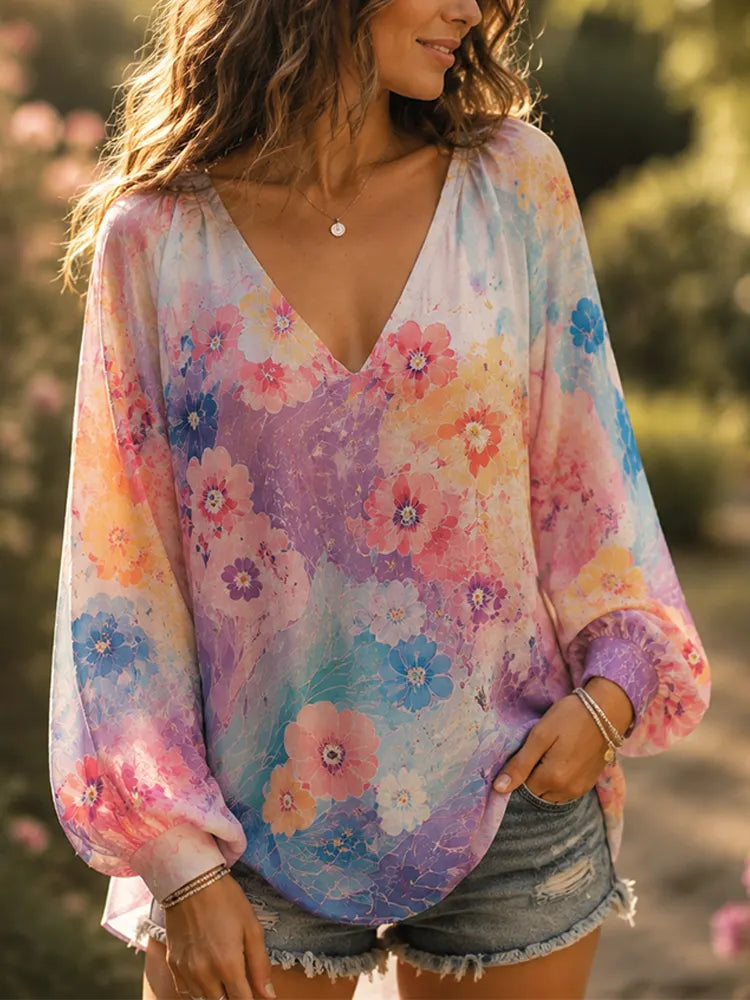 Cardydony Women's Boho Watercolor Pastel Floral Print Long Sleeve V-neck Blouse