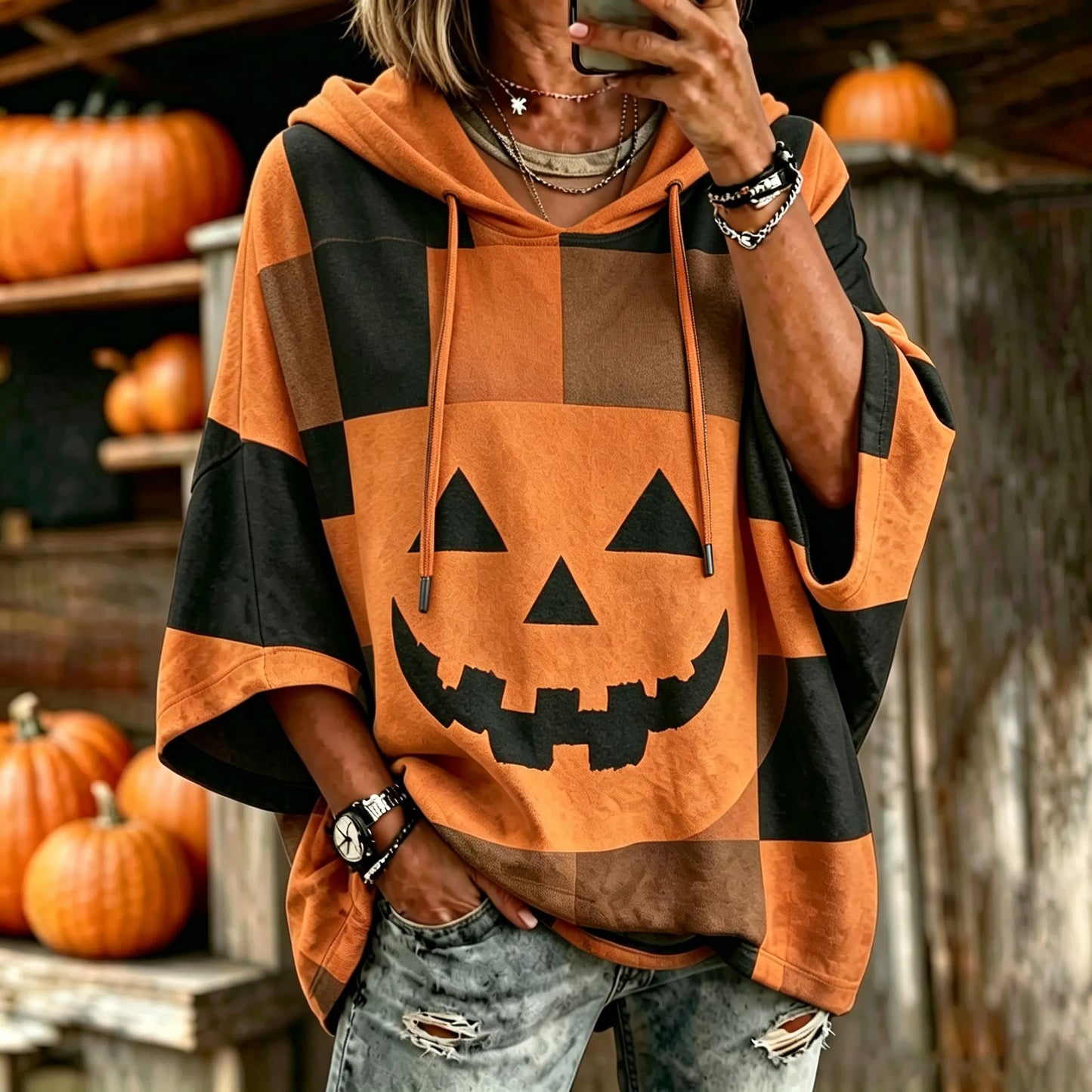 Cardydony Women's Vintage Patchwork Halloween Pumpkin Face Art Printed Hooded Sweatshirt