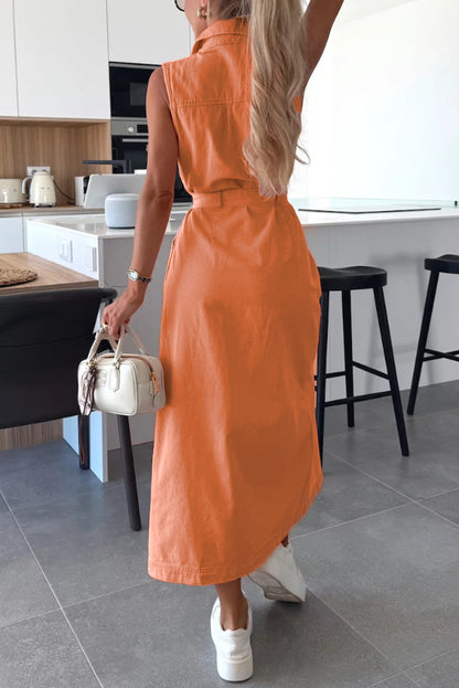 Cardydony Women's Solid Color Sleeveless Single Breasted Waist Tie Casual Pocket Denim Midi Dress