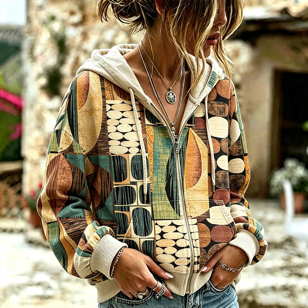 Cardydony Vintage Geometric Art Print Casual Zip-up Hoodie