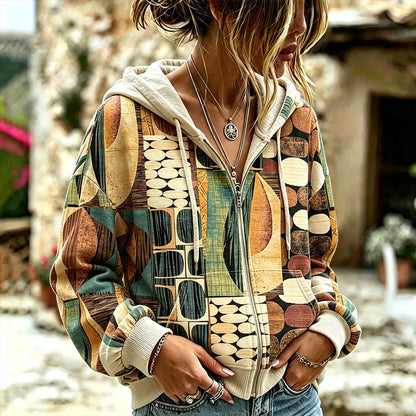 Cardydony Vintage Geometric Art Print Casual Zip-up Hoodie
