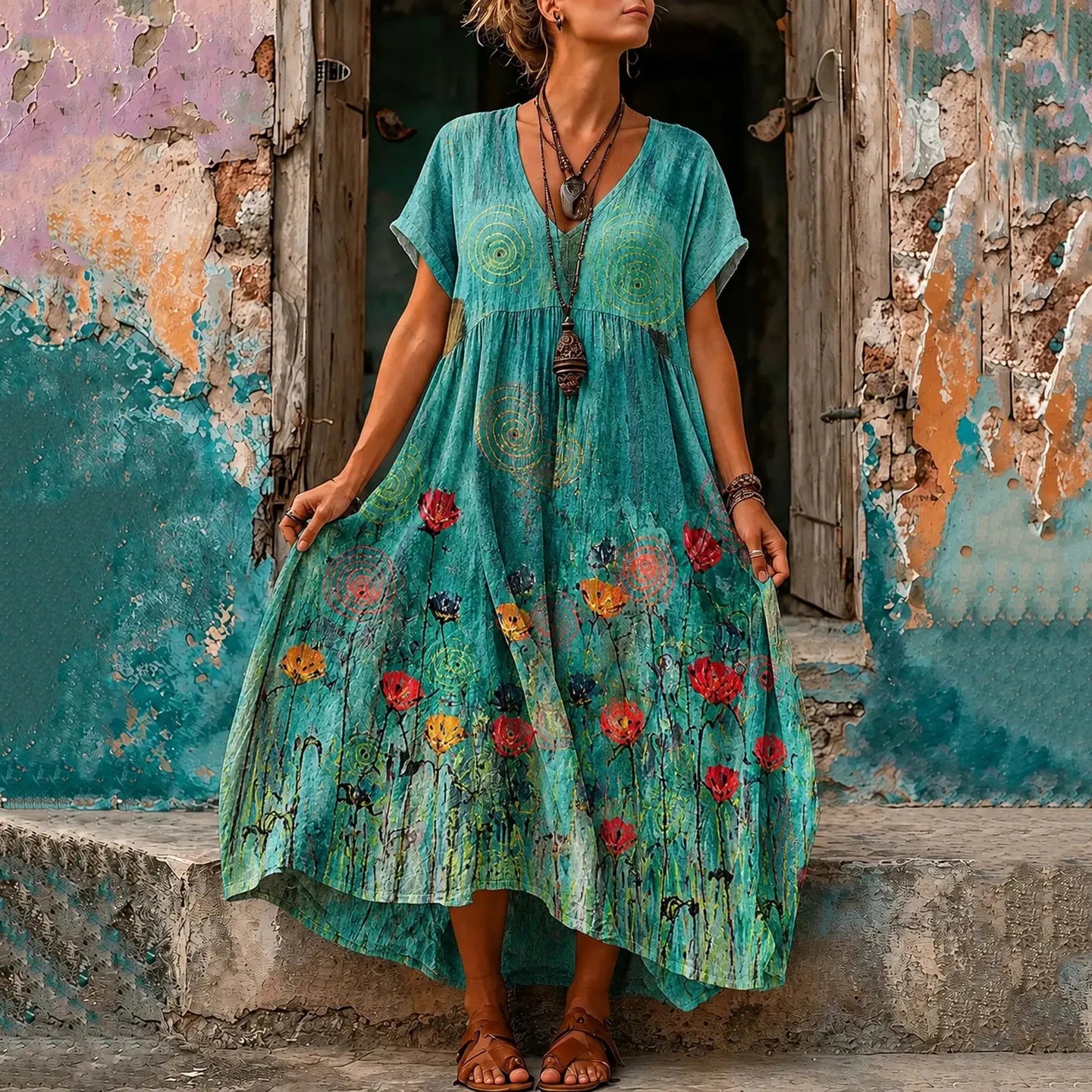 Cardydony Women's Retro Hippie Floral Pattern Art Embroidered Linen Blend Maxi Dress