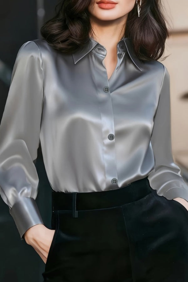 Cardydony Women's  Solid Color Collared Long-sleeved Casual Button-down Shirt