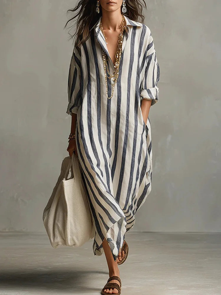 Cardydony Women's Casual Striped Cotton Linen Maxi Shirt Dress