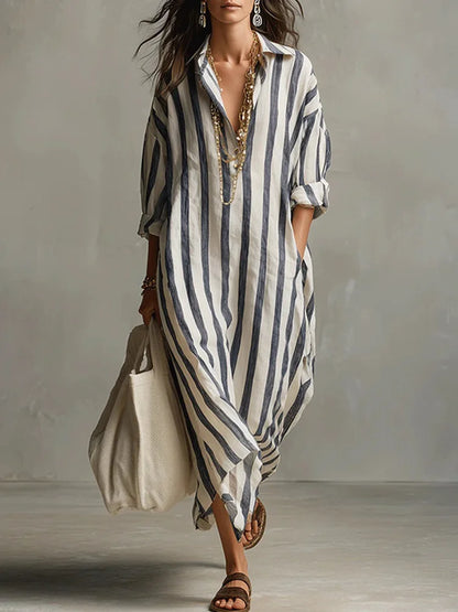 Cardydony Women's Casual Striped Cotton Linen Maxi Shirt Dress