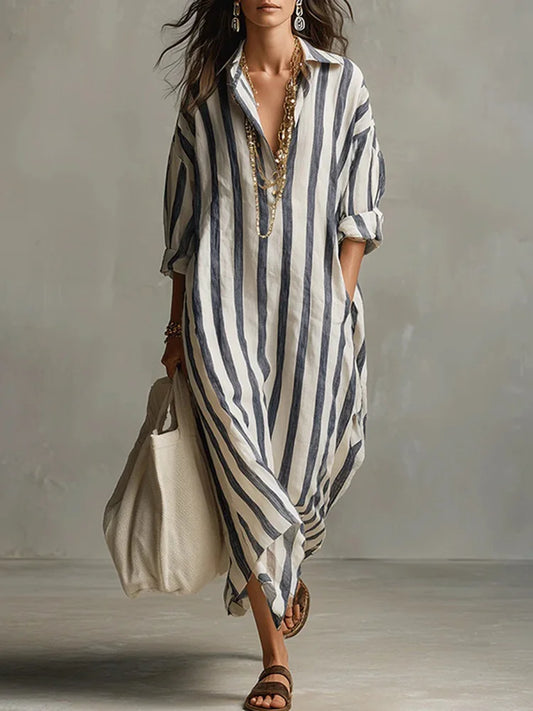 Cardydony Women's Casual Striped Cotton Linen Maxi Shirt Dress