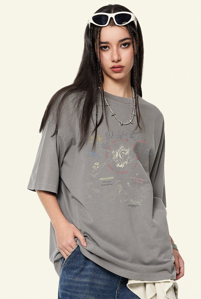 Cardydony Women's Doodle Sketch Graphic Tee – Oversized Streetwear for Women