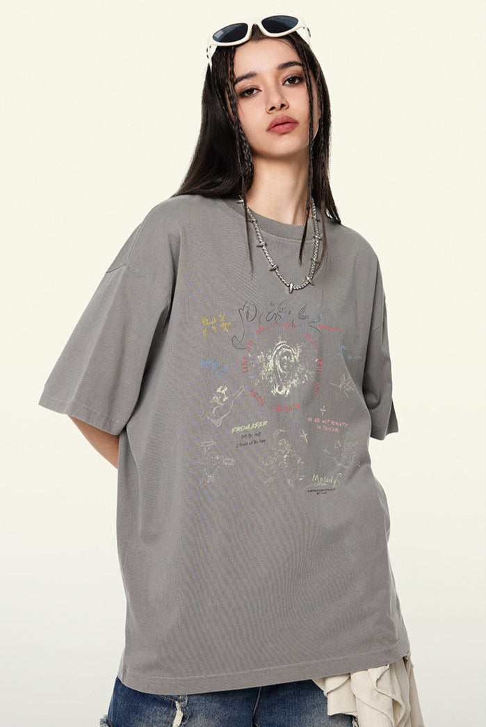 Cardydony Women's Doodle Sketch Graphic Tee – Oversized Streetwear for Women