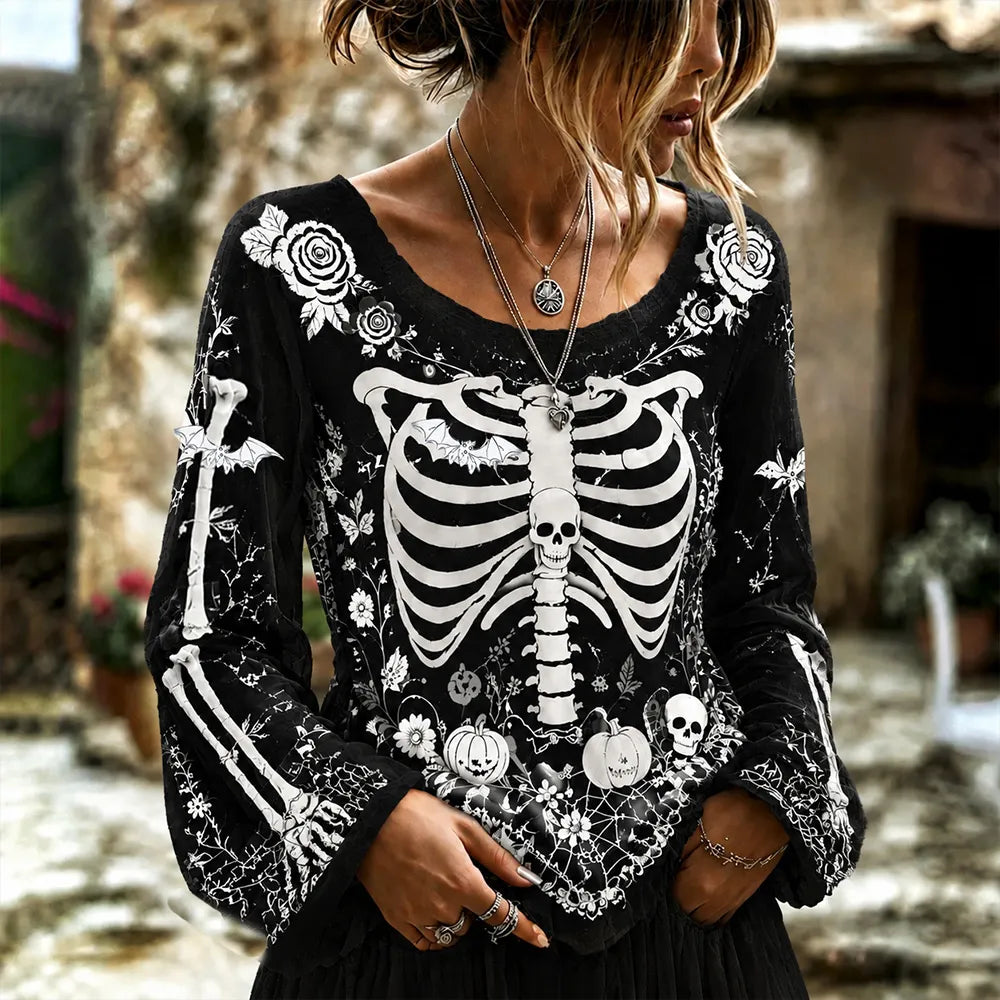 Cardydony Halloween Skull Art Black And White Contrast Cotton Linen Long-sleeved Top