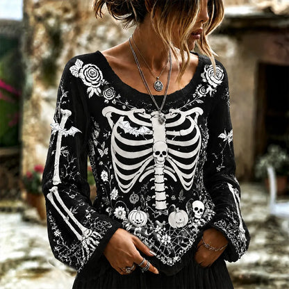 Cardydony Halloween Skull Art Black And White Contrast Cotton Linen Long-sleeved Top