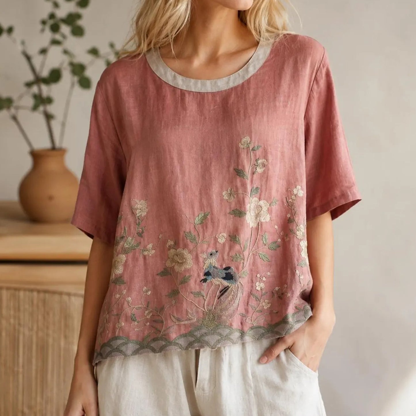 Cardydony Women's Summer Floral In Macarons Colorful Art Linen Blend Short Sleeve Tops