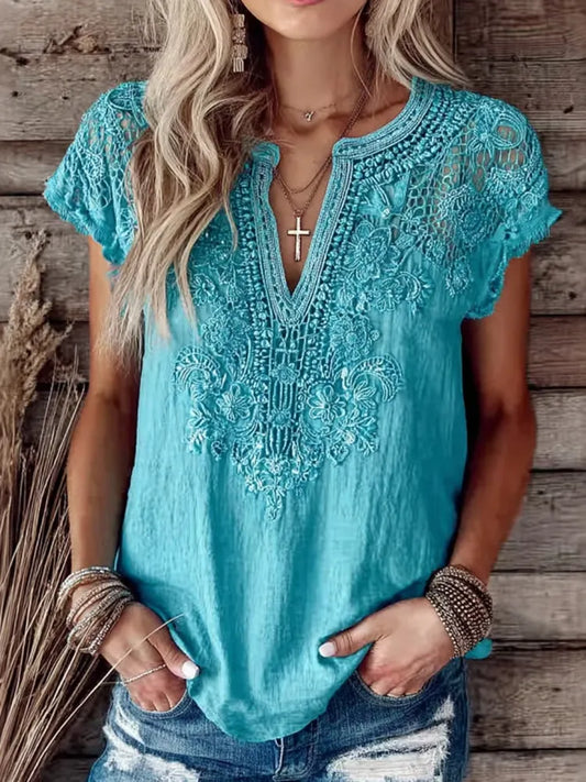 Cardydony Vintage Floral Art Embroidery Casual Linen Cotton V Neck Shirt