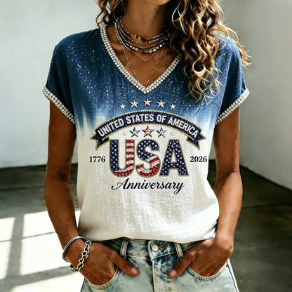 Cardydony Women's Independence Day Printed V Neck Casual Tops
