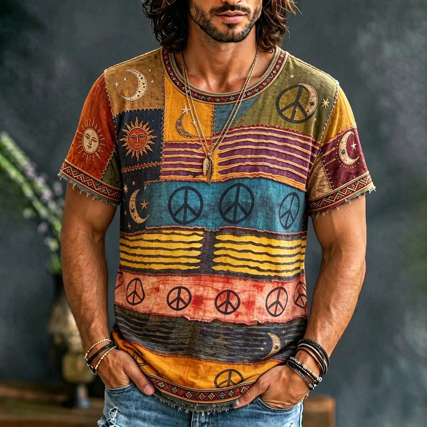 Cardydony Men's Sun, Moon And Stars Hippie Print Crew Neck T-shirt