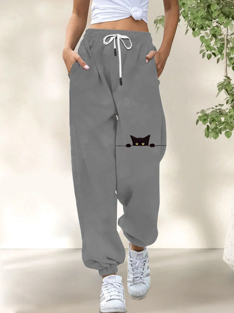 Cardydony Women's Casual Funny Black Cat Print Pants