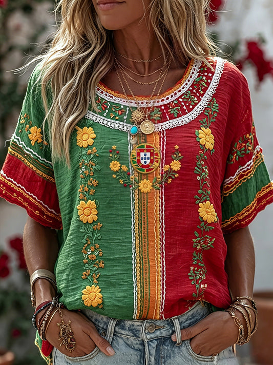 Cardydony Women's Retro Floral Embroidered Patchwork Art Linen Blend T-shirt