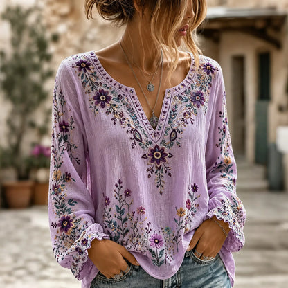 Cardydony Women's Retro Boho Floral Art Cotton Linen V Neck T-shirt