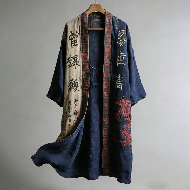 Cardydony Men's Japanese Dragon Pattern Calligraphy And Painting Art Linen Long Kimono