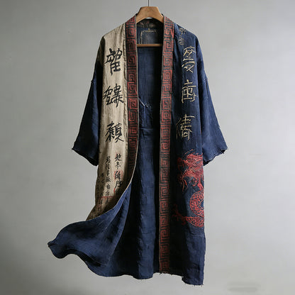 Cardydony Men's Japanese Dragon Pattern Calligraphy And Painting Art Linen Long Kimono