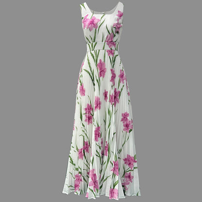 Cardydony Pleated Slim Fit Floral Print Slip Dress