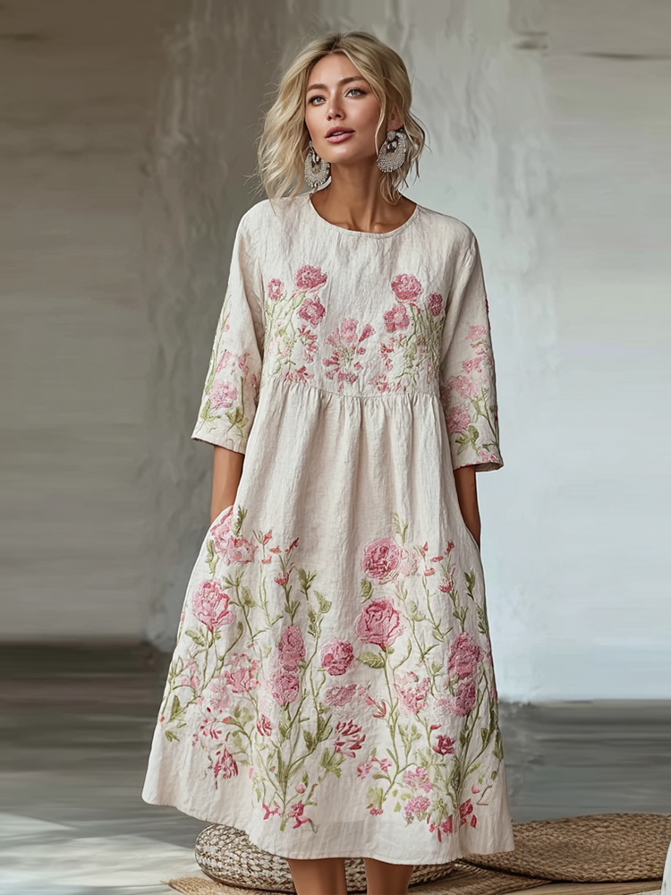 Cardydony Light Pink Rose Embroidered Pattern Women's Casual Linen Dress