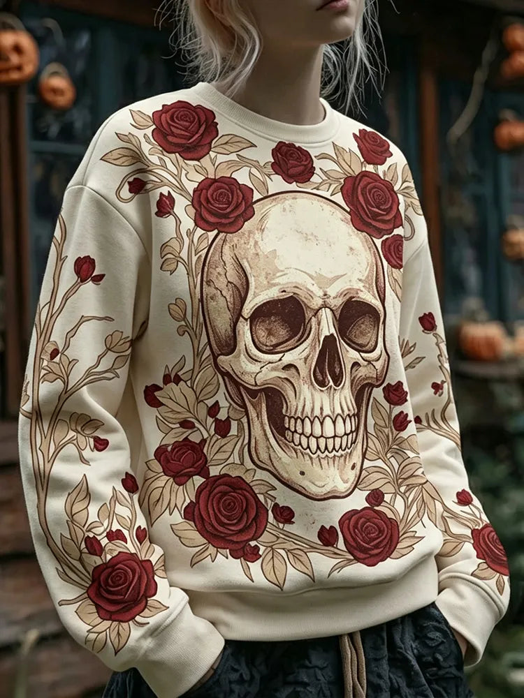 Cardydony Women's Retro Halloween Skull And Floral Print Crew Neck Sweatshirt