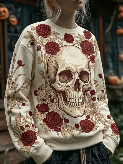 Cardydony Women's Retro Halloween Skull And Floral Print Crew Neck Sweatshirt
