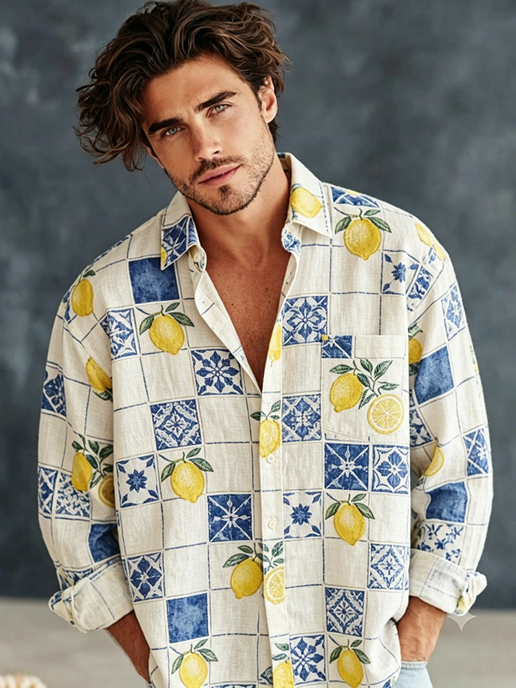 Cardydony Men's Vintage Summer Sicilian Lemon Tile Art Print Flowy Linen Blend Casual Shirt