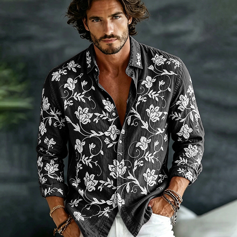 Cardydony Men's Vintage Spring Floral Embroidered Art Print Flowy Linen Blend Casual Shirt