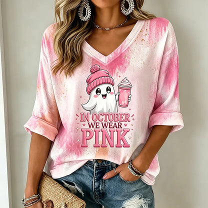 Cardydony Women's Pink Halloween Tie-dye Ghost Letter Print V-neck T-shirt