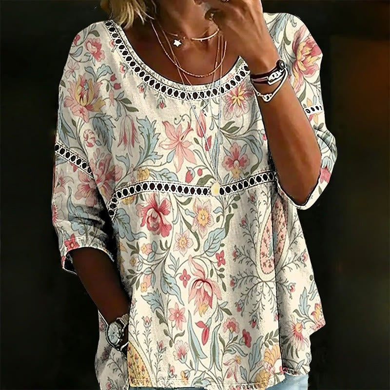 Cardydony Women's Retro Floral Art Print Cotton Linen Casual T-shirt