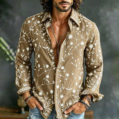 Cardydony Men's Spring Summer Floral Embroidered Art Print Flowy Linen Blend Shirt