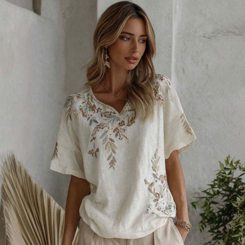 Cardydony Women's Retro Floral Branch Art Print Linen Blend V-neck T-shirt