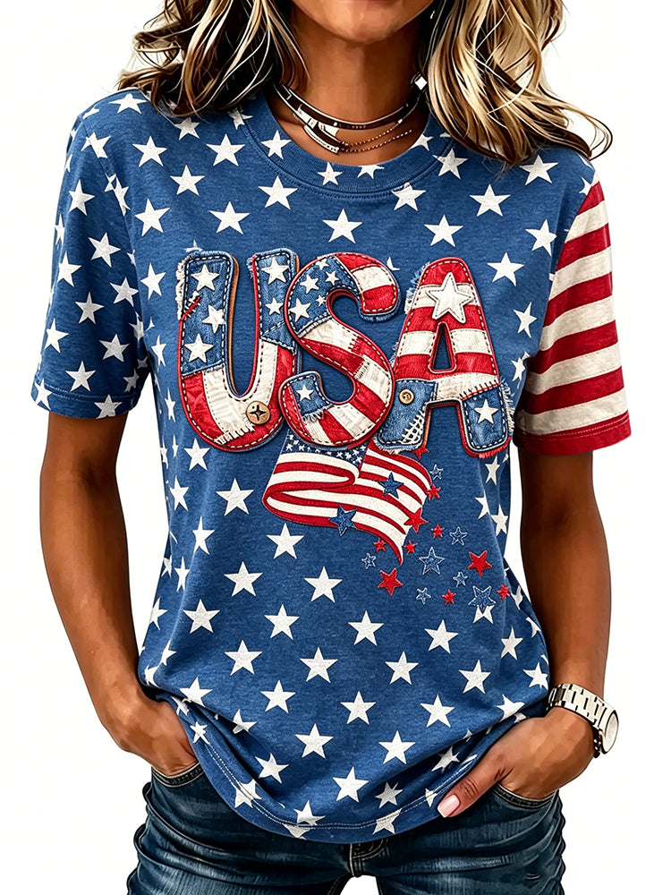 Cardydony Women's Retro Independence Day Flag Embroidered Patchwork Art T-shirt