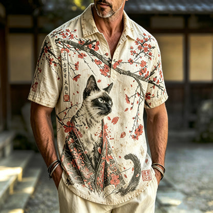 Cardydony Men's Retro Japanese Cat And Floral Print Cotton Linen Comfortable Polo Shirt