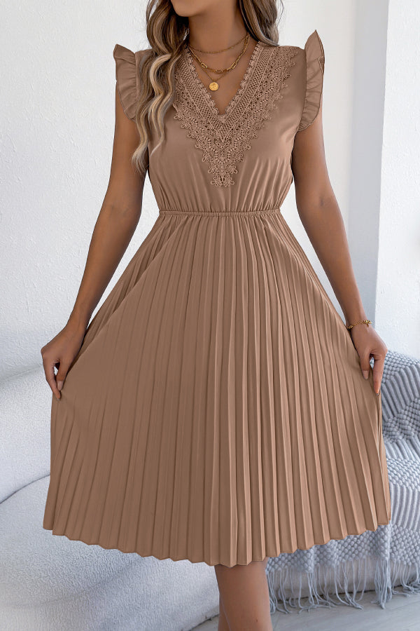 Cardydony Women's Solid Color V-neck Lace-trimmed Sleeveless Casual Pleated Midi Dress
