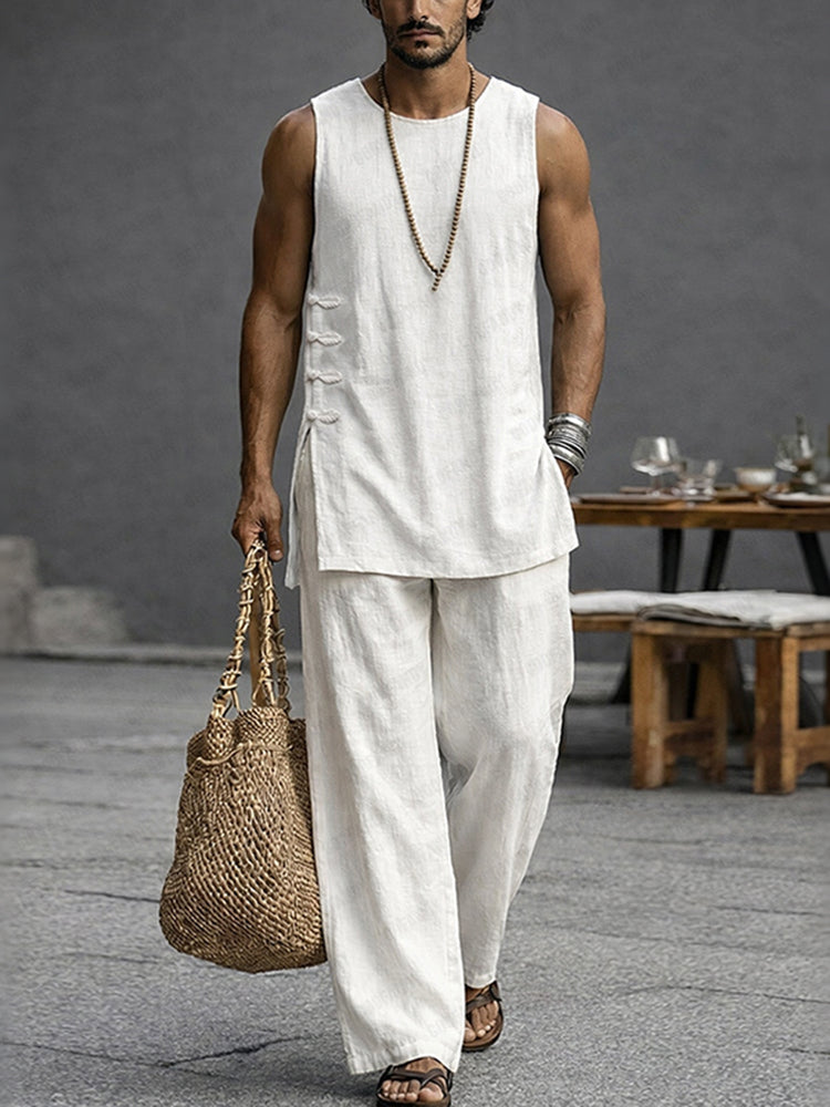 Cardydony Men's Simple Casual 100% Cotton Tank Top Pants Set
