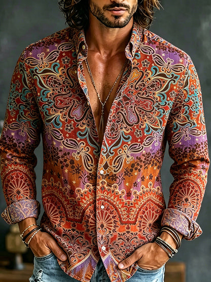Cardydony Retro Hippie Psychedelic Patterned Cotton And Linen Long-sleeved Shirt