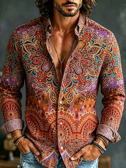 Cardydony Retro Hippie Psychedelic Patterned Cotton And Linen Long-sleeved Shirt