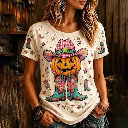 Cardydony Women's Halloween Pumpkin Wearing Boots And A Cowboy Hat Short-sleeve Top