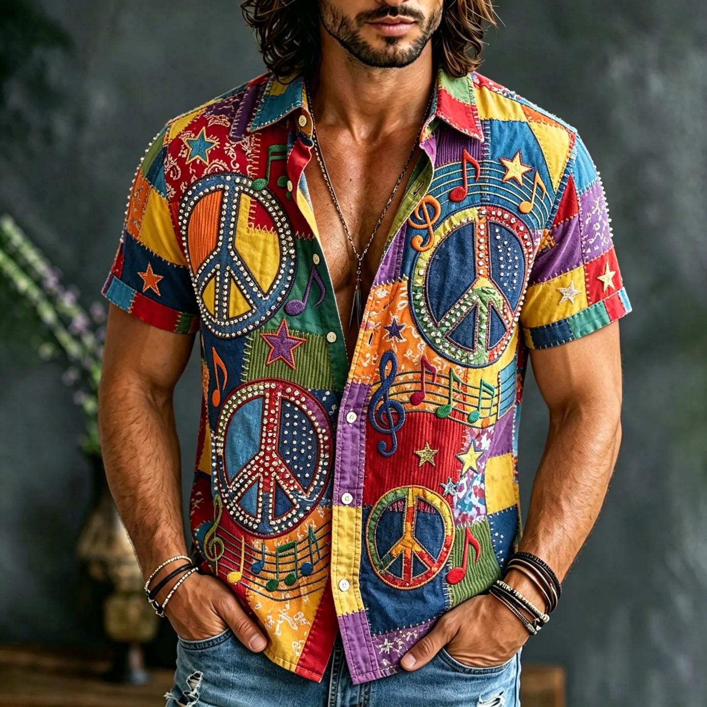 Cardydony Men's Patchwork Hippie Musical Note Design Linen Shirt