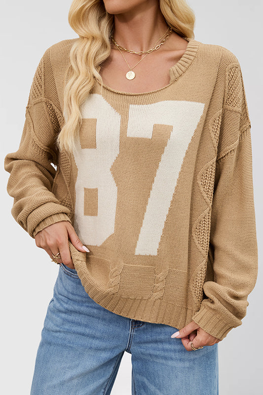 Cardydony Women's Fashionable Digital Jacquard Loose Long-sleeved Knit Sweater