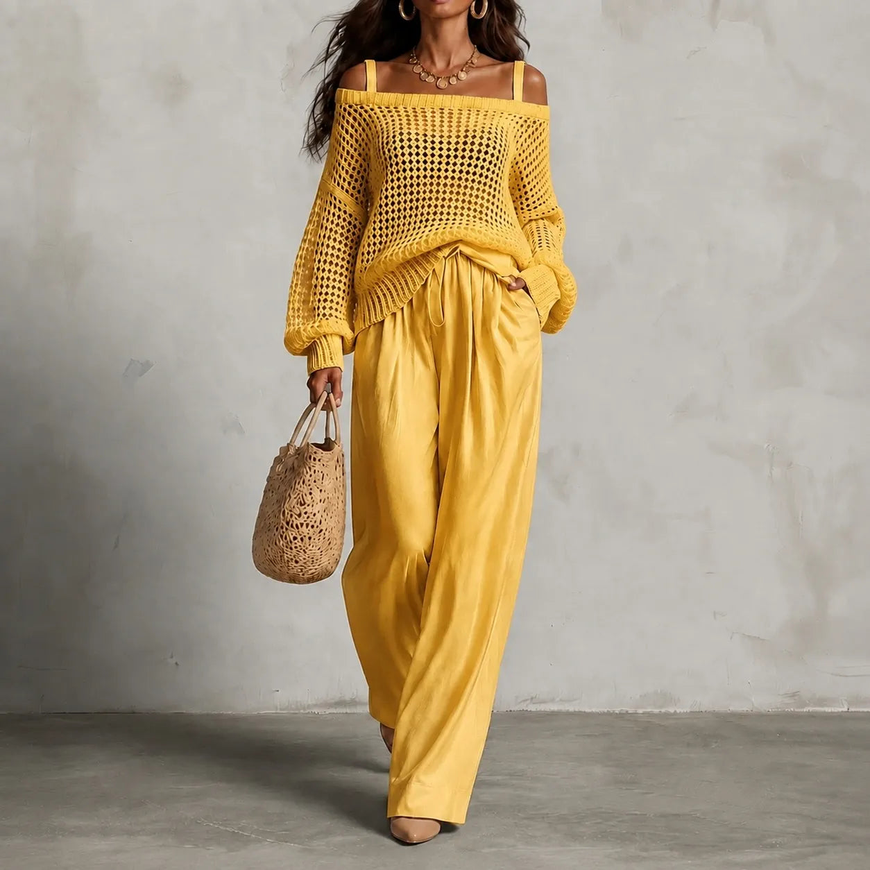 Cardydony Elegance Two-piece Set: Openwork Knit Top And Wide-leg Pants