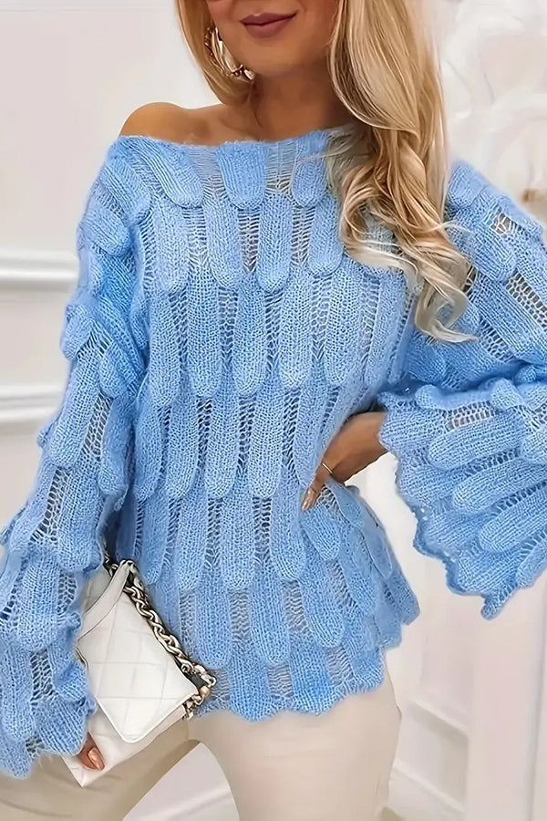 Cardydony Women's Elegant Feather Hollow Loose Bell Sleeve Knitted Sweater