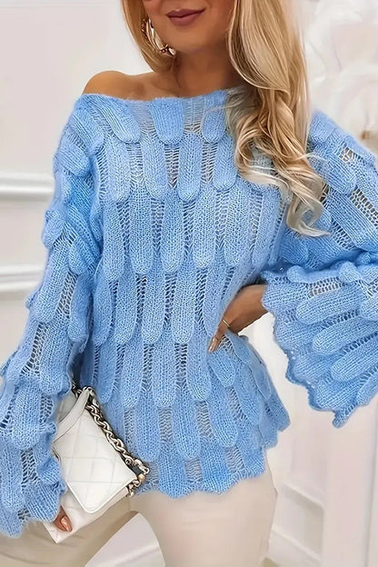 Cardydony Women's Elegant Feather Hollow Loose Bell Sleeve Knitted Sweater