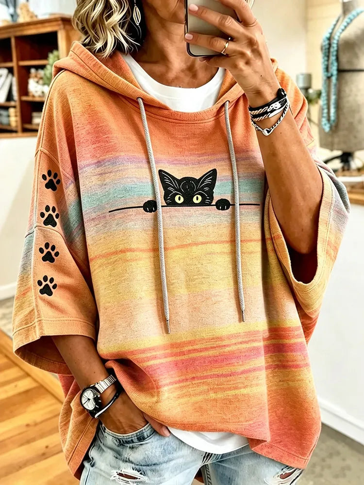 Cardydony Women's Cute Peeking Black Cat Rainbow Striped With Cat Paw Print Hooded Sweatshirt